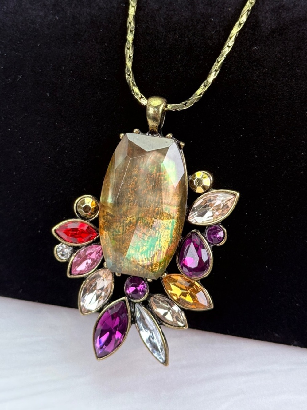 Beautiful, Vintage Aged Statement, Bling Pendant, Brass Tone, Necklace